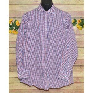 Tommy Hilfiger 17.5 34/35 Regular Fit Dress Shirt Red Blue Plaid Cotton Button